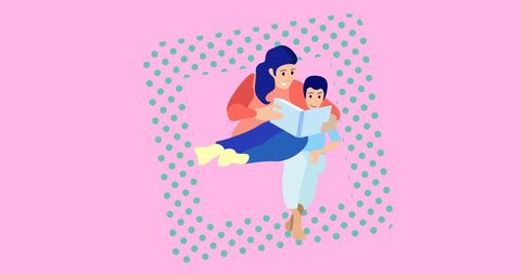 Mother and Child Reading Together on Pink Background