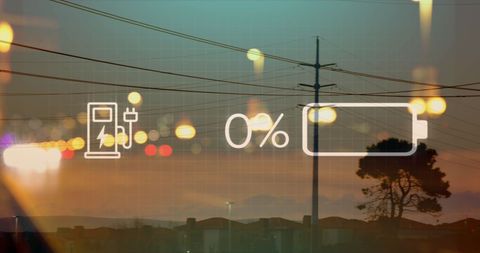 Electric Vehicle Charging Symbol Over Cityscape at Dusk