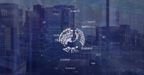 Digital globalization over modern cityscape