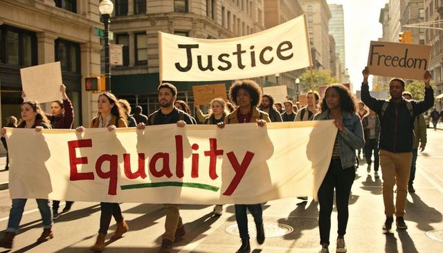 Diverse crowd marching for equality and justice on sunny downtown street holding banners