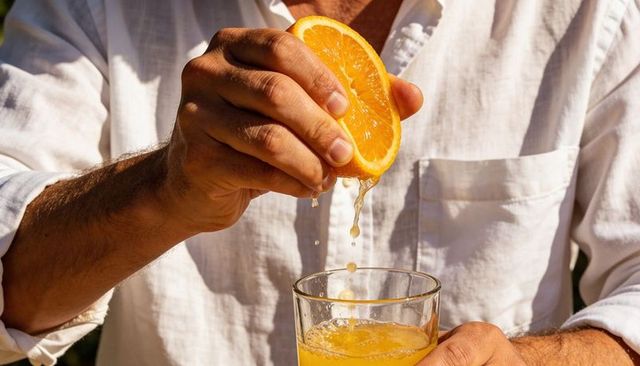 Close-up hands squeezing fresh orange over glass of juice in sunlit white shirt