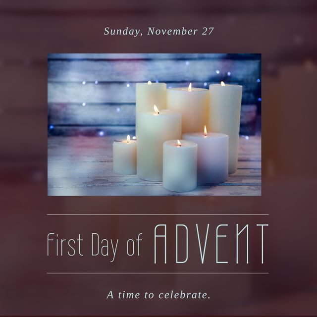 This visually appealing image showcases several lighted candles on a wooden surface, with text indicating the first day of Advent. Perfect for promoting or celebrating the start of the Advent season, use this image on holiday greeting cards, religious and spiritual websites, or as a social media post to mark the beginning of the Advent countdown.