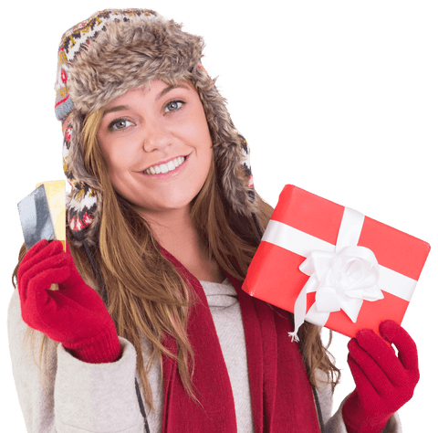 Smiling Blonde in Warm Attire Holding Holiday Gift, Transparent
