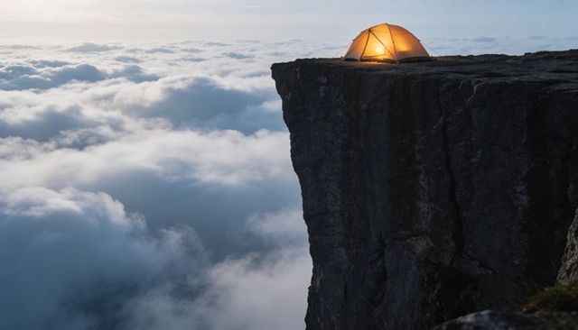 Glowing tent on cliff edge over sea of clouds at dawn, high-altitude camping adventure