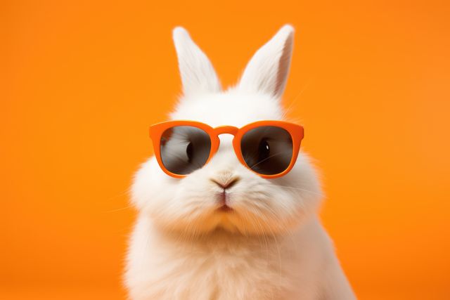 Rabbit wearing sunglasses on orange background, created using generative ai technology. Rabbit, animal, summer and vacation concept digitally generated image.