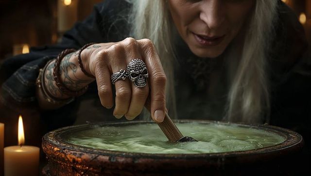 White-haired woman stirs potion in ritual chamber
