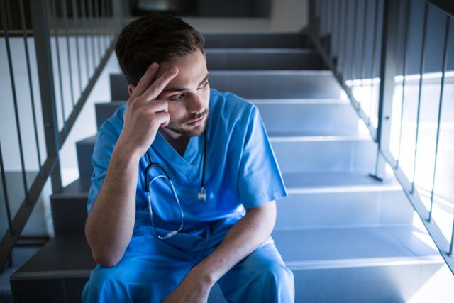 Male nurse in blue scrubs sitting on hospital staircase, looking stressed and exhausted. He is holding his head with one hand, indicating mental fatigue. This image can be used to depict the challenges and pressures faced by healthcare workers, mental health awareness, and the importance of self-care in the medical profession.