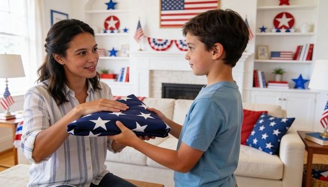 Mother teaching son folding american flag during patriotic family moment