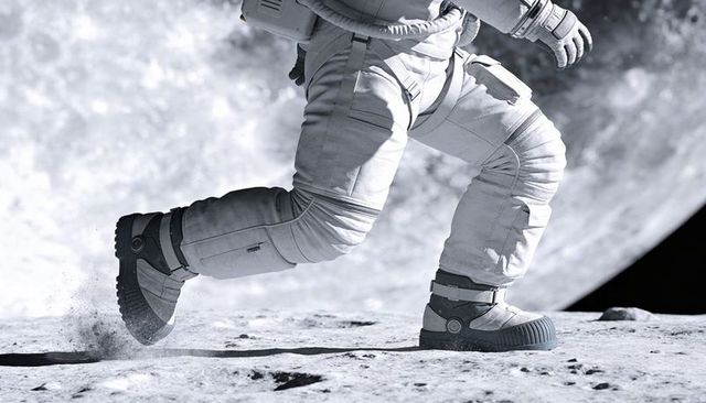Walking astronaut boot kicking lunar regolith on cratered surface with moon in background