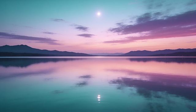 Moonlight casting serene vertical reflection on calm mountain lake at pastel twilight