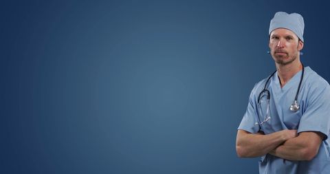 Caucasian Male Surgeon With Stethoscope on Blue Background