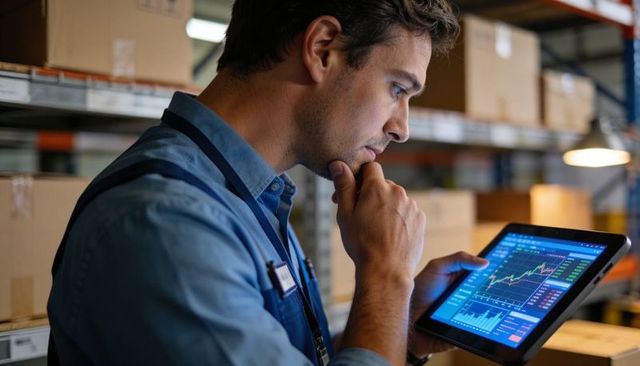 Warehouse supervisor analyzing inventory on tablet with real-time logistics analytics
