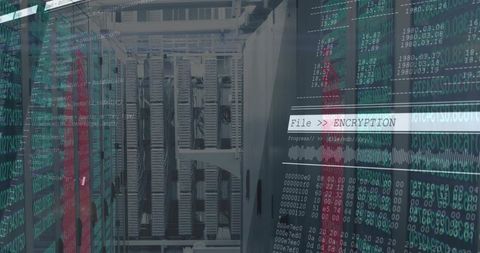 Server rack with streaming code overlay showing File ENCRYPTION, data center cyber security