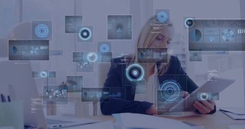 Businesswoman Holding Tablet Analyzing HUD Analytics and Dashboards at Modern Office Desk