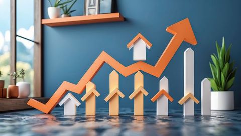 Rising housing market with trend arrow and charts for investment strategy