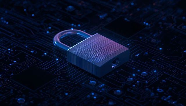 Digital security concept with padlock on circuit board