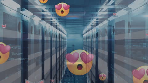 Animated Emoji Icons Overlaying Futuristic Server Room