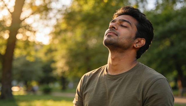Young man breathing deeply while soaking golden-hour sunlight in leafy urban park