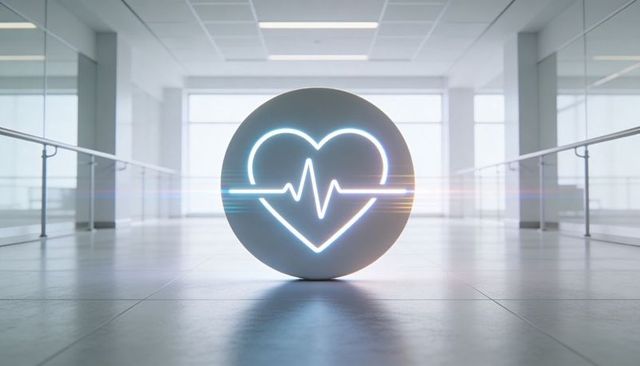 Glowing neon heartbeat orb in minimalist medical lobby conveying digital health tech