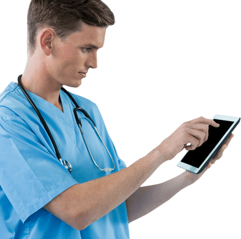 Transparent Image of Male Nurse Using Digital Tablet in Scrubs