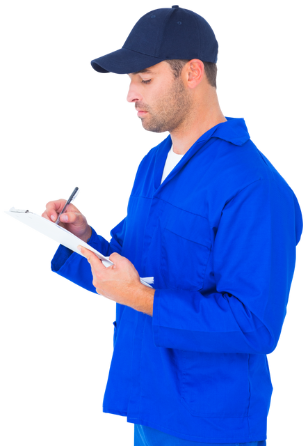 Male Mechanic In Blue Uniform Writing on Transparent Background - Download Free Stock Videos Pikwizard.com