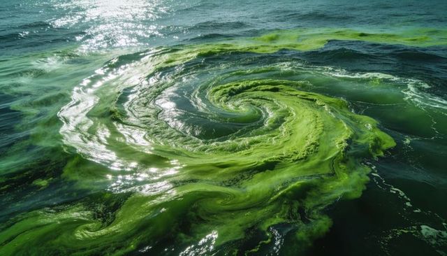Swirling green algal bloom forming spiral vortex on ocean surface with sunlight glints