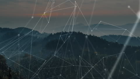 Digital Network Connections Over Misty Mountain Landscape
