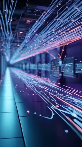 Neon Data Streams Racing Through Futuristic Server Corridor | Vertical Cyber Tech Video