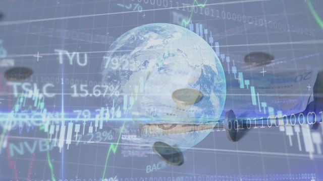 Depicts a dynamic and abstract representation of the global economy. Shows financial graphs and stock indices overlaid on an image of Earth, underlined by digital sequences. Helps illustrate themes of economic growth, stock market analysis, or financial news content. Useful for articles, presentations, and videos related to finance, global markets, and economy.