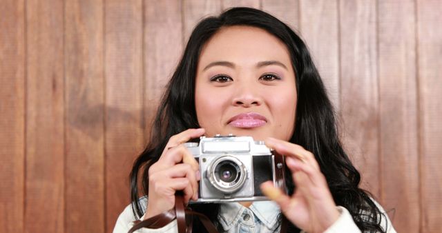 Young Woman Holding Vintage Camera Happy Photography - Download Free Stock Images Pikwizard.com