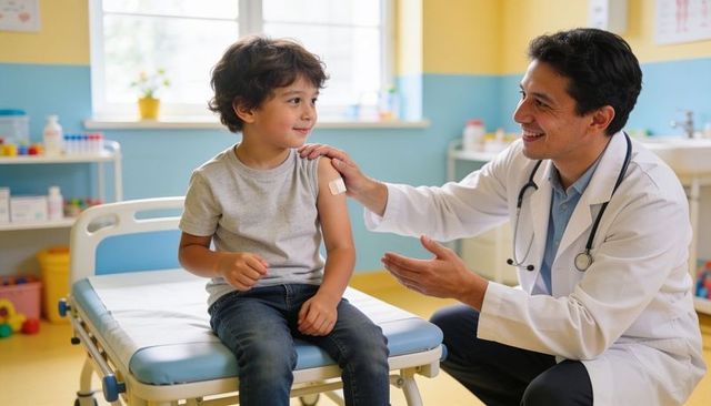 Smiling pediatrician comforting young boy after vaccination on exam table in clinic