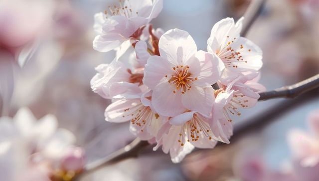 Blooming pale cherry blossom on branch closeup showing yellow stamens spring sakura macro dreamy