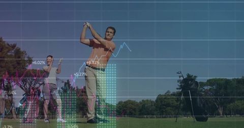 Mature Golfer Swinging Amidst Digital Finance Graphics on Course