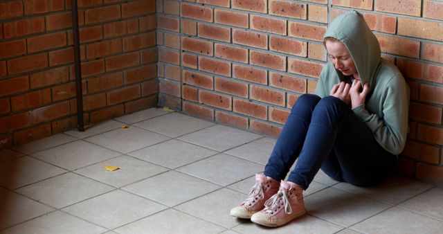 Teen sits on the floor against a brick wall, wearing a hoodie and holding on to its sides. Captures themes of loneliness, depression, solitude, and contemplative moments. It can be used in articles or content discussing mental health, adolescence, and emotional struggles.