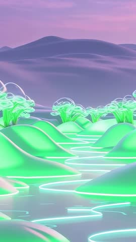 Gliding Through Neon Violet Hills with Luminous Blue Stream and Bubble Flora Vertical Loop