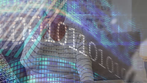 Senior Woman Engaged in Smartphone Call with Digital Data Overlay