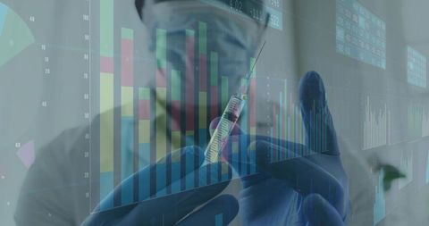 Medical professional preparing syringe with digital data overlays and laboratory analytics