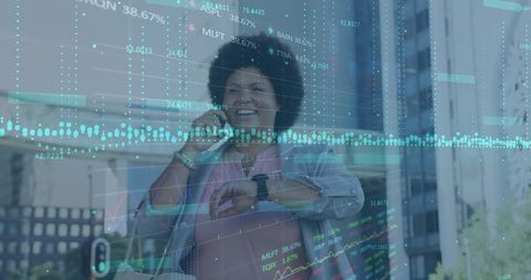 Confident Businesswoman Checking Stock Market Trends on Smartphone and Smartwatch