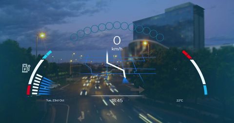 Futuristic digital dashboard interface on city street at night