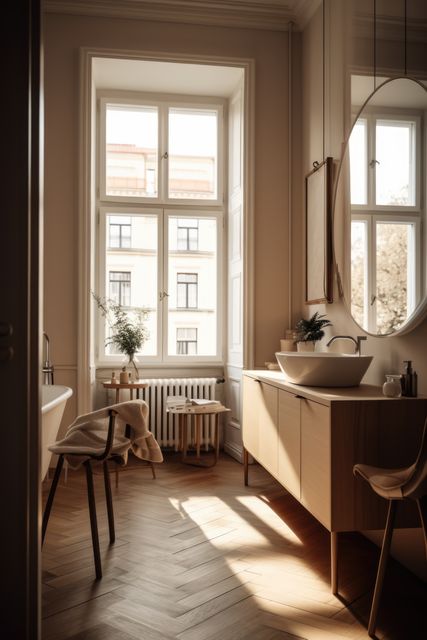 Sunny modern bathroom with large window and view to street, created using generative ai technology. Contemporary bathroom interior design and natural light concept digitally generated image.