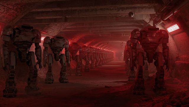 Futuristic Mech Suits Lined in Underground Corridor with Red Lighting