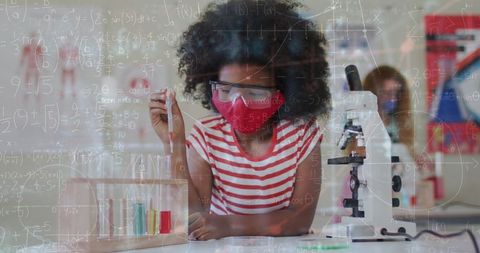Young Girl Conducting Science Experiment With Math Equations Overlay