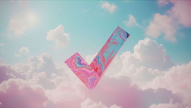 Vibrant 3d checkmark floating among soft pastel clouds