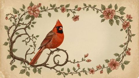 Red Cardinal on Blossoming Vine in Vintage Botanical Art