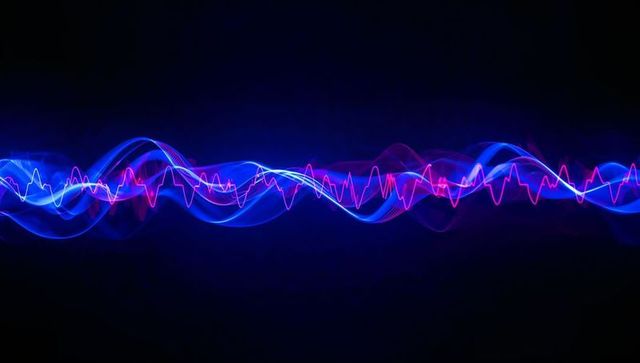 Neon waveform ribbons in blue and magenta tracing dynamic audio frequency lines