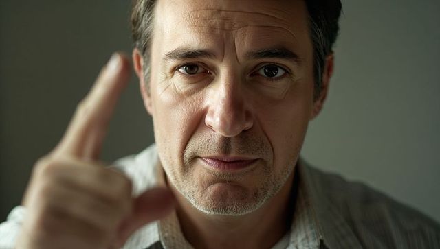 Intense mature man pointing finger close-up portrait showing wrinkles stubble eye contact