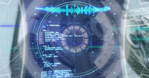 Futuristic digital interface with code and optical equipment