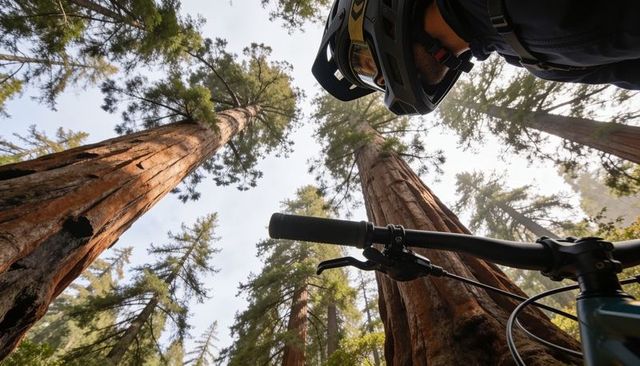 Low-angle cyclist riding mountain bike through towering sequoia forest with handlebar view