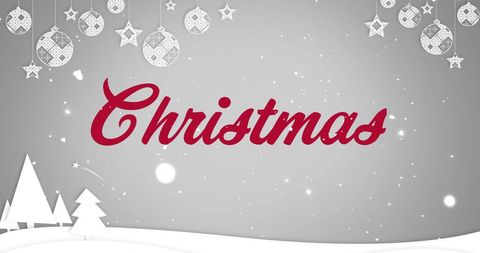 Graceful christmas text with charming snowfall and festive ornaments