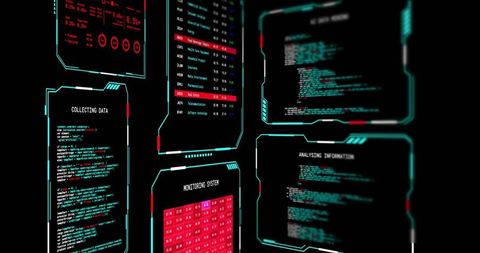 Cyan HUD Cyberpunk Analytics Dashboard with Floating Code Panels and Neon Interface